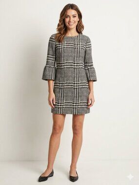 Zara Black & White Houndstooth Plaid Knit Shift Dress with Bell Sleeves